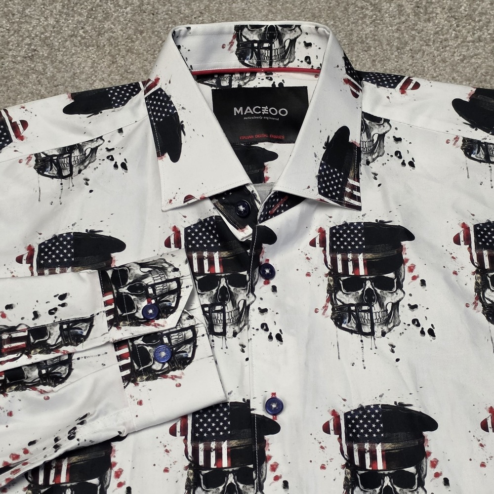 MACEOO Fibonacci Skull America Shirt Mens 4/L White Flag Long Sleeve Button Down